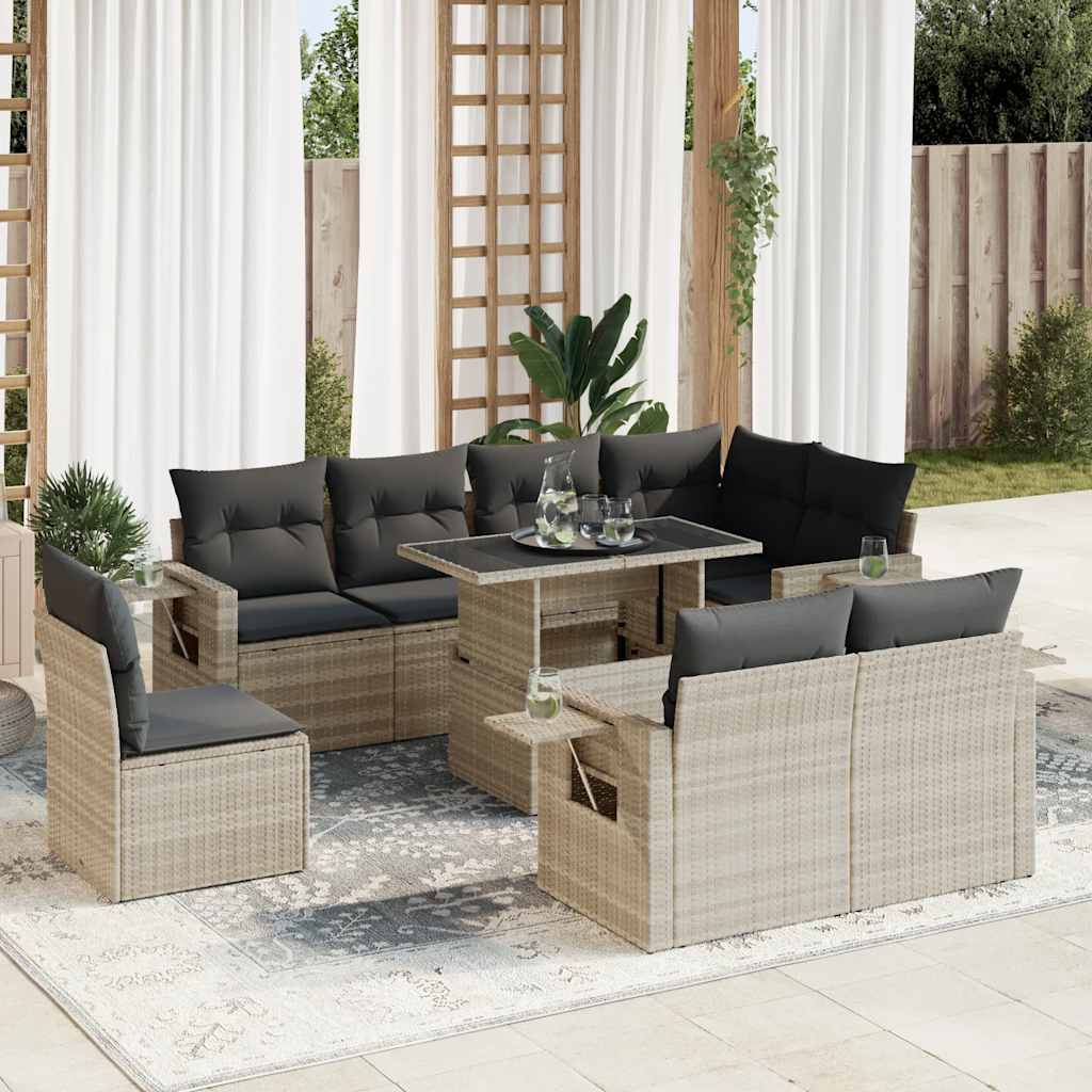 Set Divano da Giardino 9pz con Cuscini Grigio Chiaro Polyrattan | homemem39