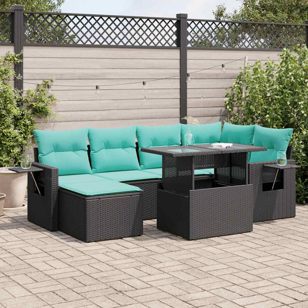Set Divani da Giardino con Cuscini 7pz Nero Polyrattan Acacia | homemem39