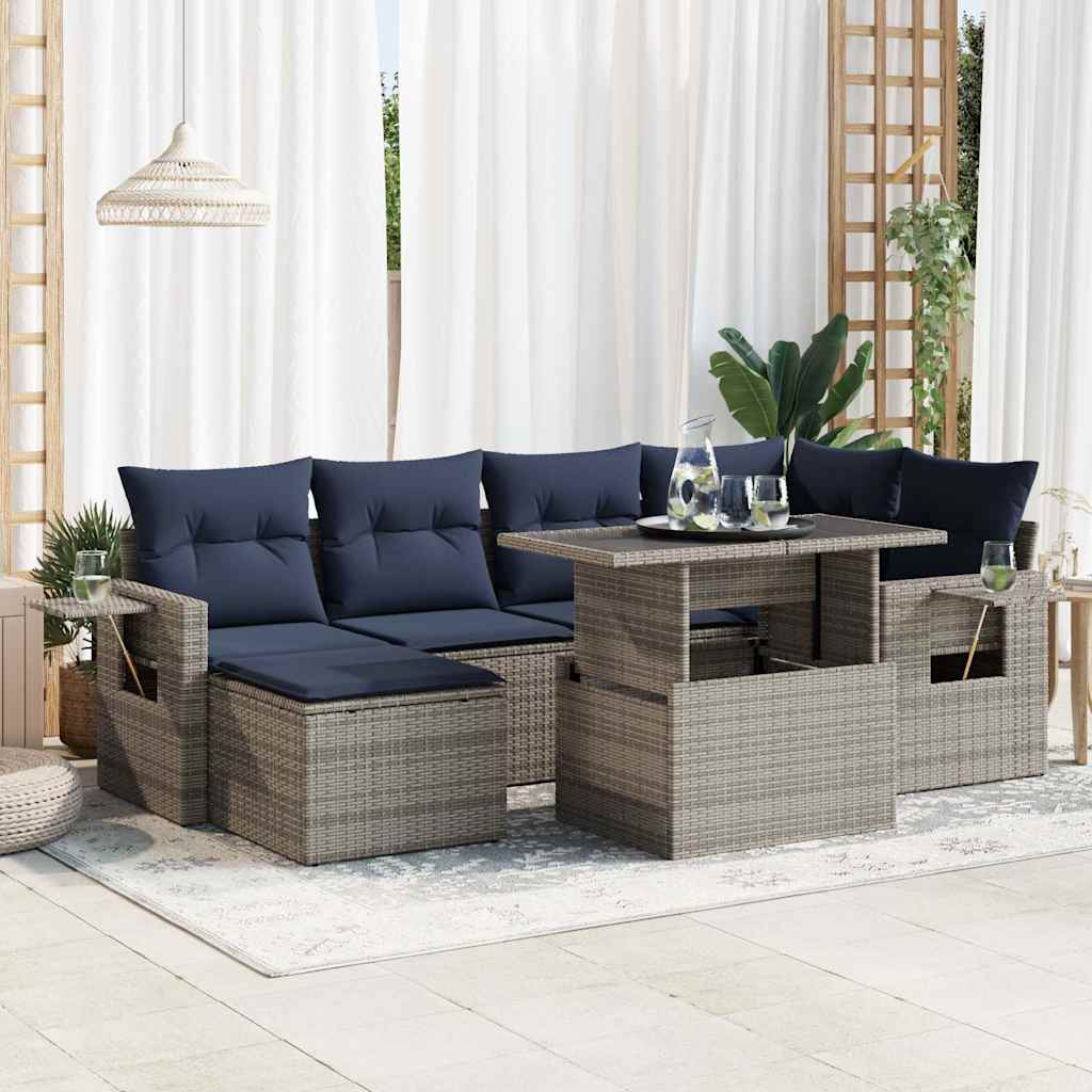 Set Divani da Giardino 7pz con Cuscini Grigio Polyrattan Acacia | homemem39