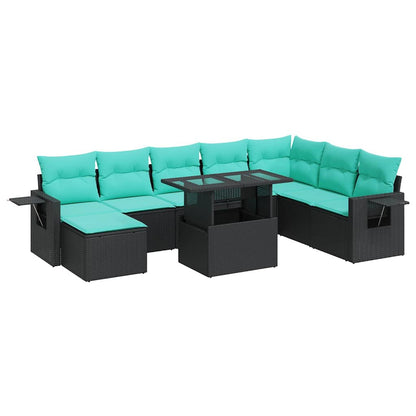 Set Divani da Giardino 9 pz con Cuscini Nero Polyrattan Acacia | homemem39