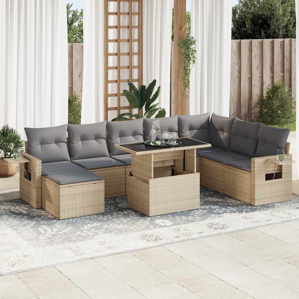 Set Divano da Giardino 9 pz con Cuscini Beige in Polyrattan