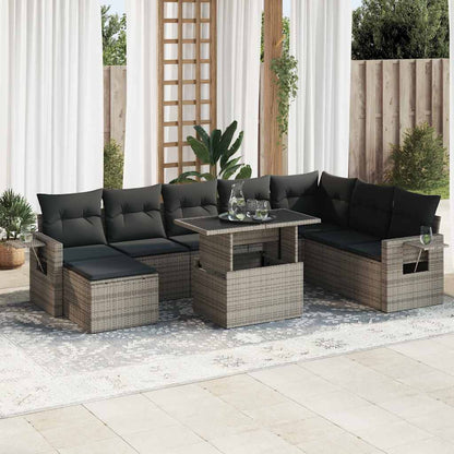 Set Divano da Giardino 9 pz con Cuscini Grigio in Polyrattan