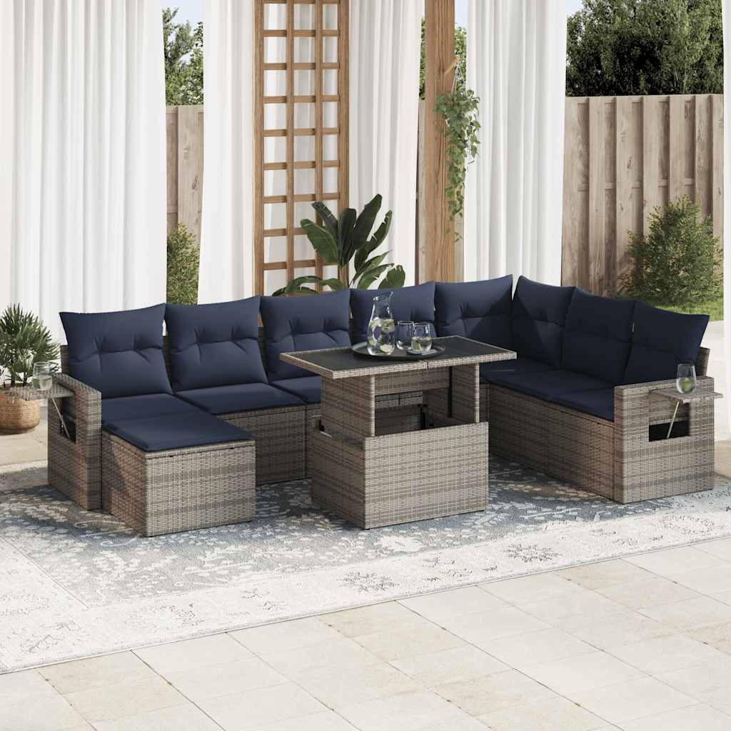 Set Divano da Giardino 9pz con Cuscini Grigio Polyrattan Acacia | homemem39