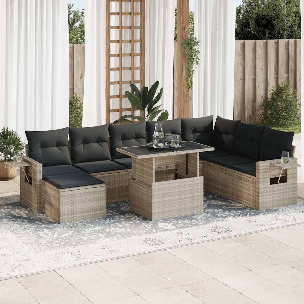 Set Divano da Giardino 9pz con Cuscini Grigio Chiaro Polyrattan - homemem39