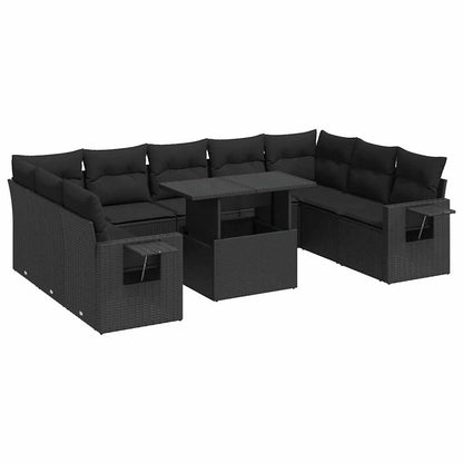 Set Divani da Giardino 10pz con Cuscini in Polyrattan Nero