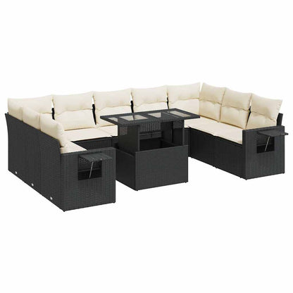 Set Divani da Giardino 10pz con Cuscini in Polyrattan Nero
