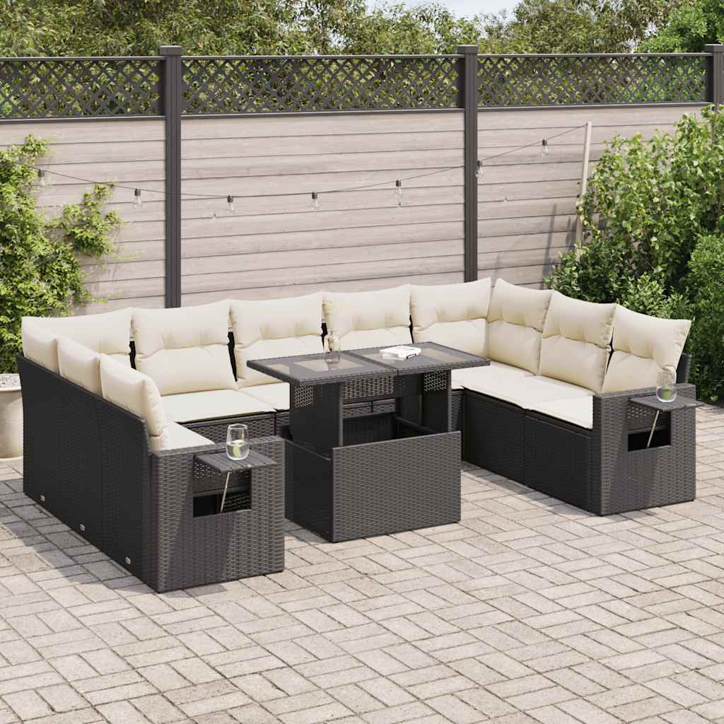 Set Divani da Giardino 10pz con Cuscini in Polyrattan Nero