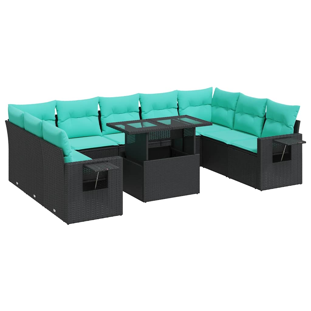Set Divani Giardino 10pz con Cuscini Nero in Polyrattan Acacia | homemem39