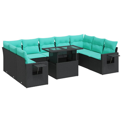 Set Divani Giardino 10pz con Cuscini Nero in Polyrattan Acacia | homemem39