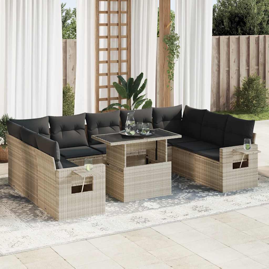 Set Divano Giardino 10 pz con Cuscini Grigio Chiaro Polyrattan - homemem39
