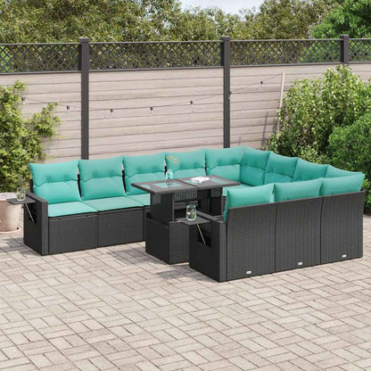 Set Divani da Giardino 11 pz con Cuscini Polyrattan Acacia Nero | homemem39