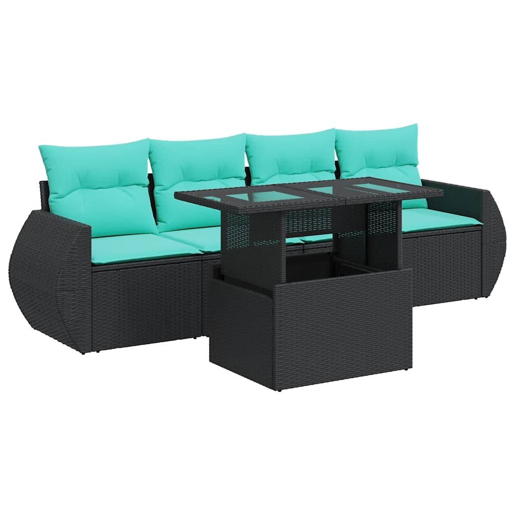 Set Divani da Giardino 5 pz con Cuscini Nero Polyrattan Acacia | homemem39