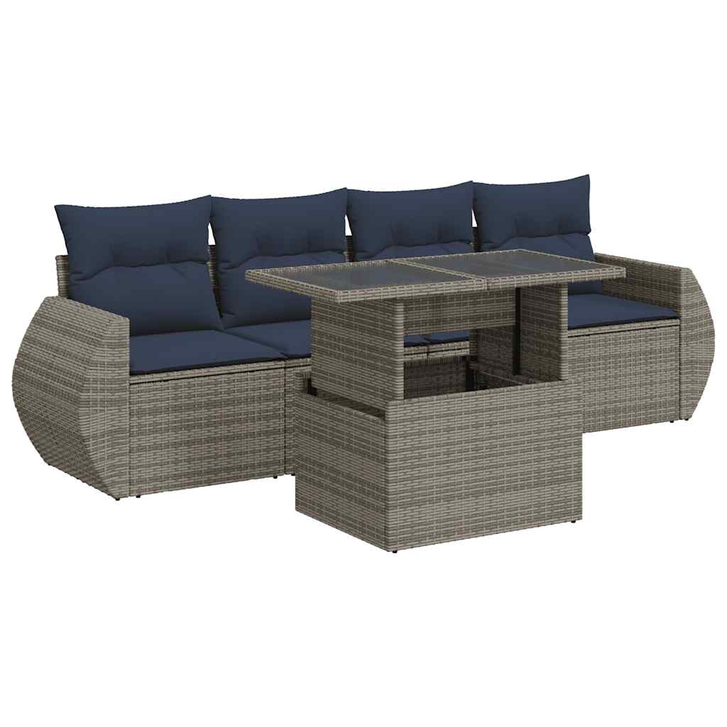 Set Divano Giardino 5 pz con Cuscini Grigio Polyrattan Acacia | homemem39