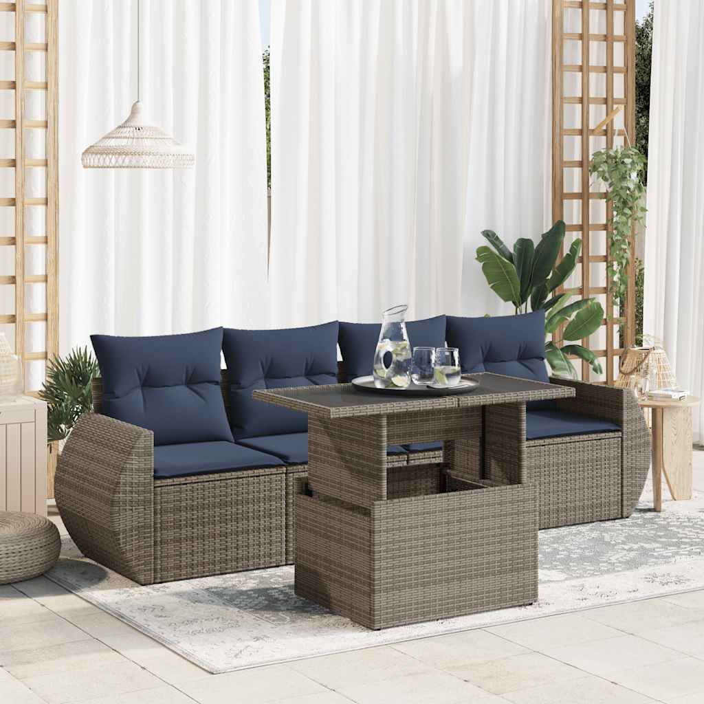 Set Divano Giardino 5 pz con Cuscini Grigio Polyrattan Acacia | homemem39