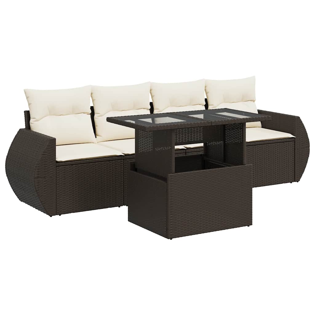 Set Divano da Giardino 5 pz con Cuscini Marrone in Polyrattan - homemem39