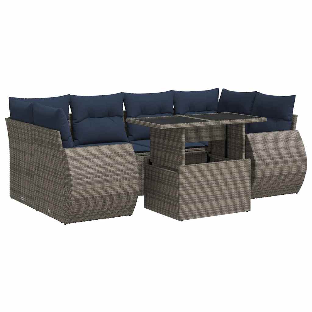 Set Divani da Giardino 7pz con Cuscini Grigio Polyrattan Acacia