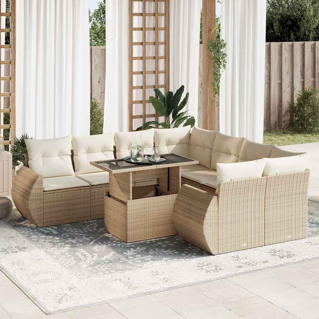 Set Divano da Giardino 9 pz con Cuscini Beige in Polyrattan | homemem39