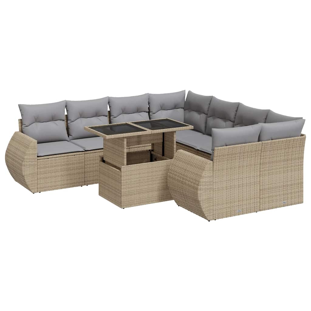 Set Divano da Giardino 9 pz con Cuscini Beige in Polyrattan