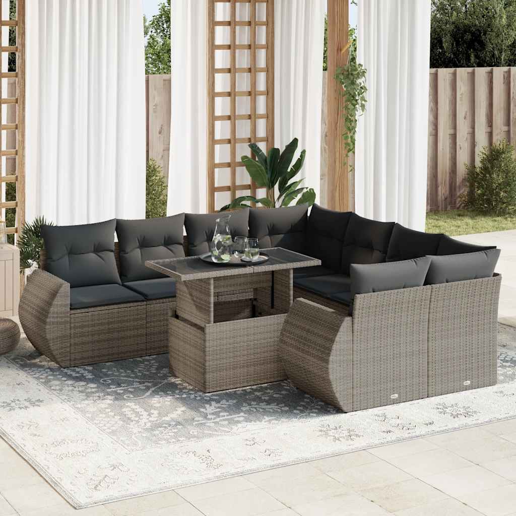 Set Divano da Giardino 9 pz con Cuscini Grigio in Polyrattan | homemem39