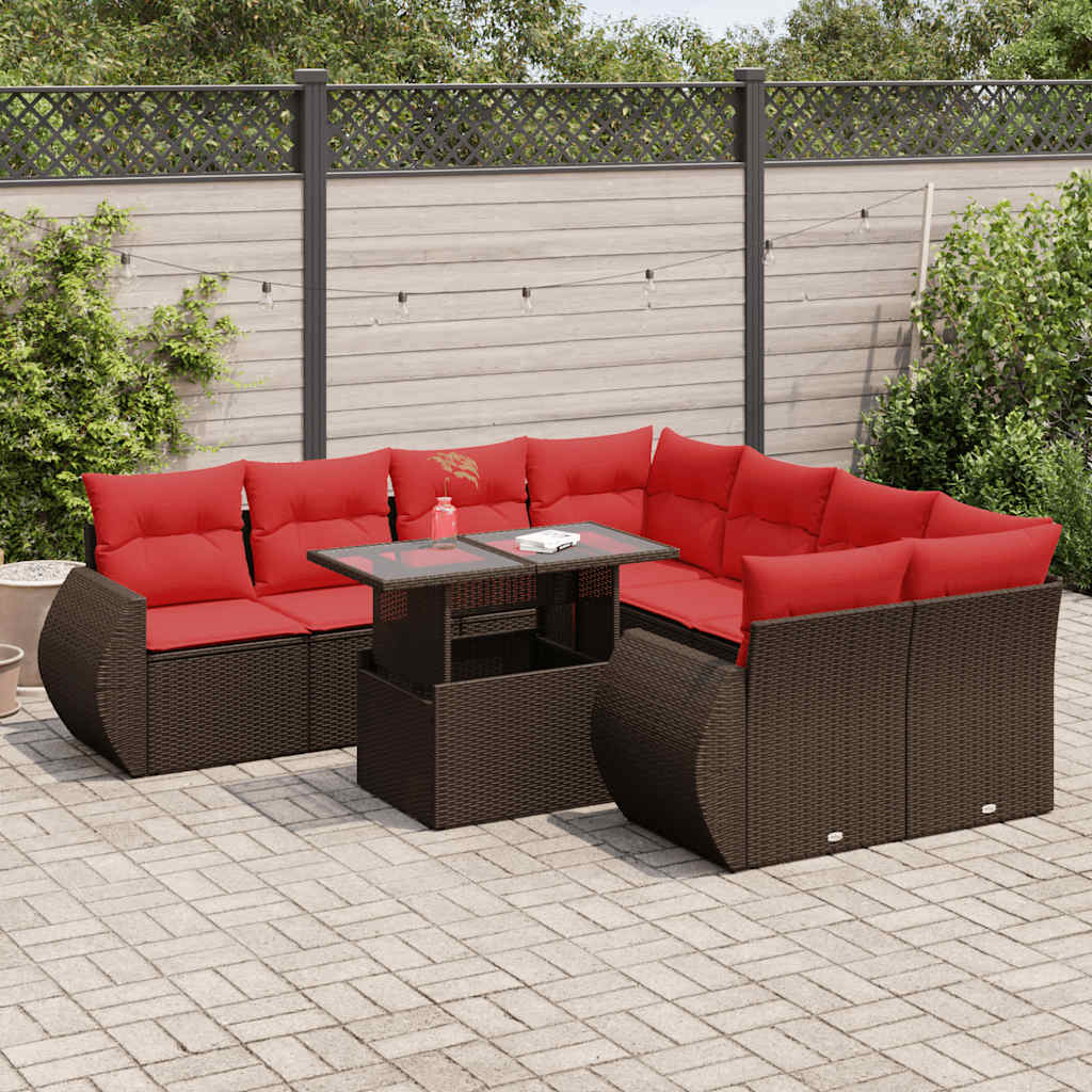 Set Divani Giardino 9 pz con Cuscini Marrone Polyrattan Acacia | homemem39