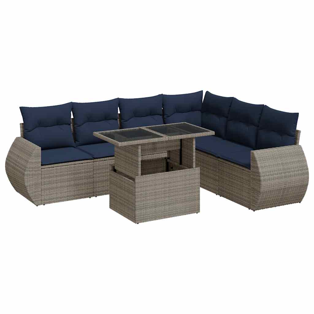 Set Divani da Giardino 7pz con Cuscini Grigio Polyrattan Acacia