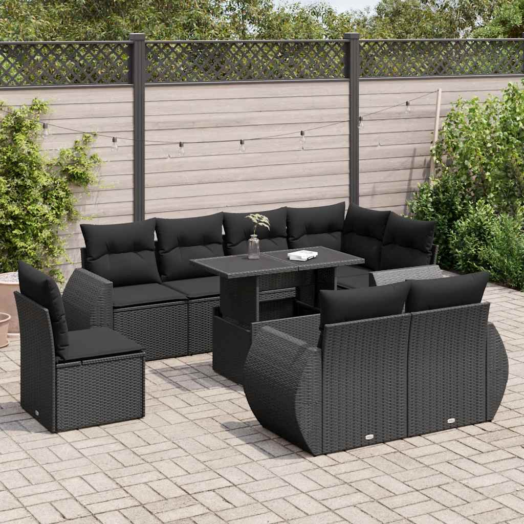 Set Divani da Giardino 9 pz con Cuscini Nero in Polyrattan | homemem39