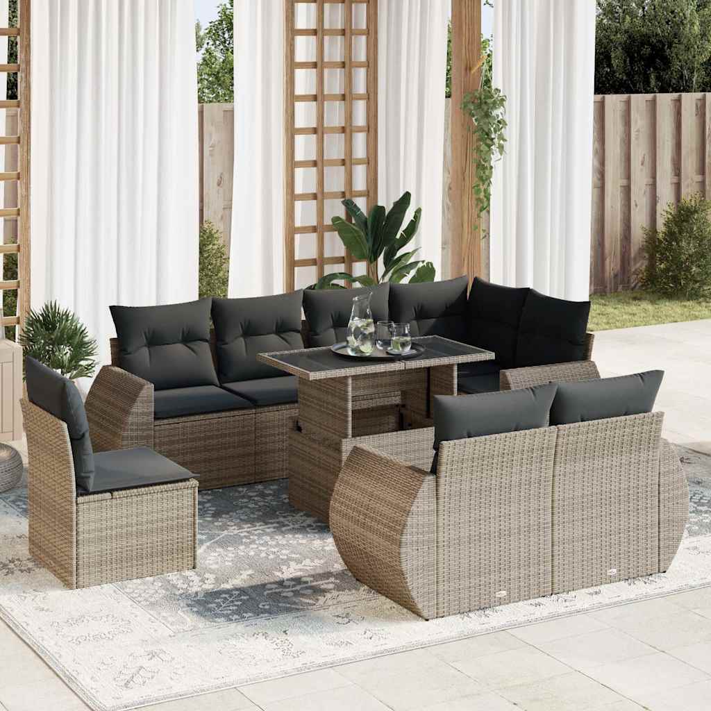 Set Divano da Giardino 9 pz con Cuscini Beige in Polyrattan
