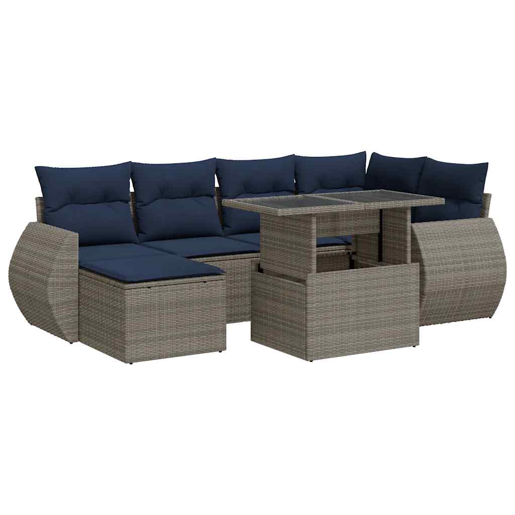 Set Divani da Giardino 7pz con Cuscini Grigio Polyrattan Acacia