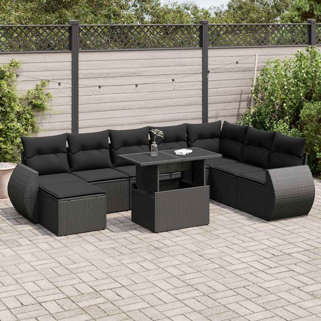 Set Divani da Giardino 9 pz con Cuscini Nero in Polyrattan | homemem39