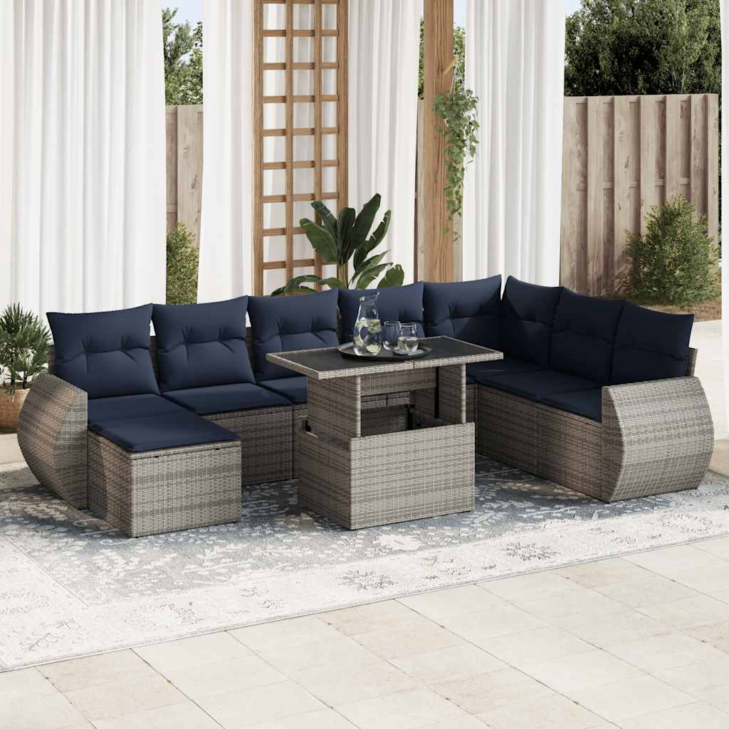 Set Divani Giardino 9 pz con Cuscini Polyrattan Acacia Grigio | homemem39
