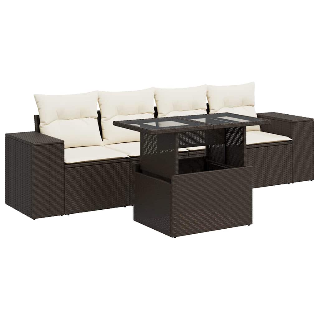 Set Divano da Giardino 5 pz con Cuscini Marrone in Polyrattan | homemem39