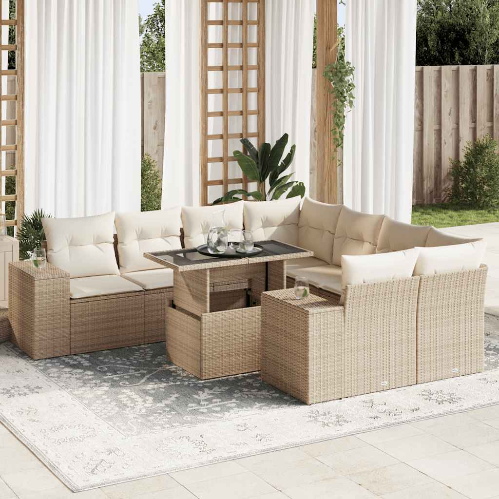 Set Divano da Giardino 9 pz con Cuscini Beige in Polyrattan | homemem39