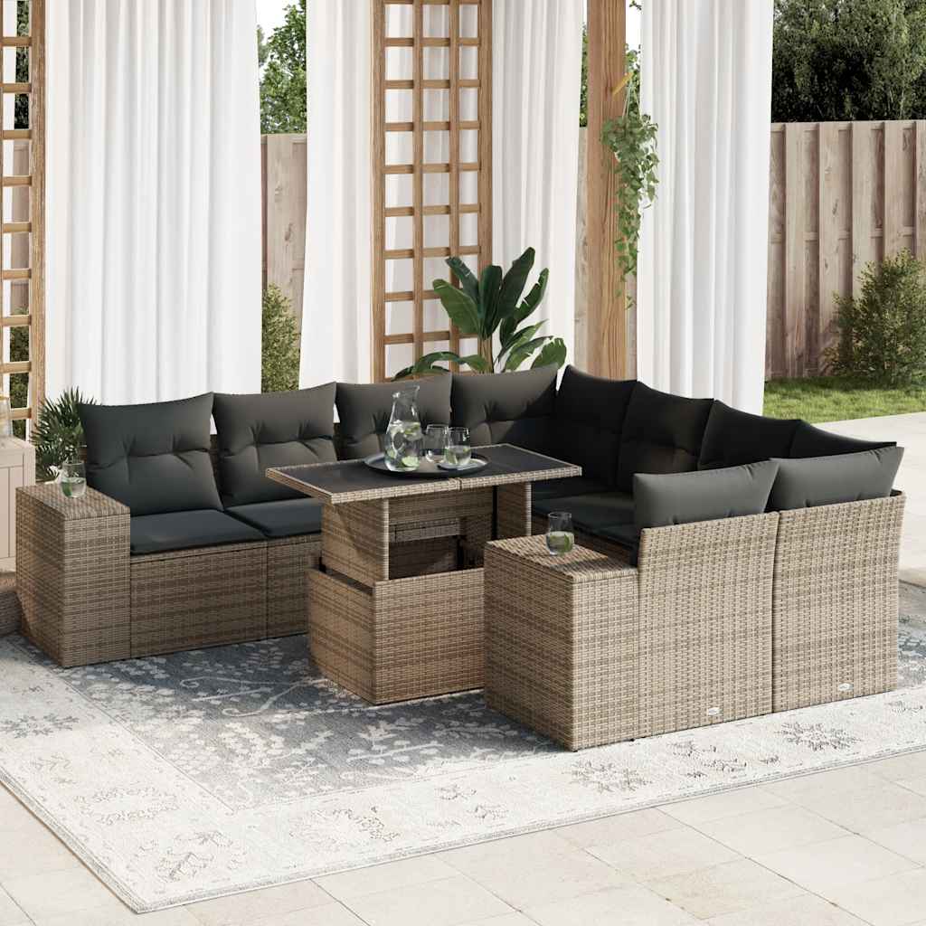 Set Divano da Giardino 9 pz con Cuscini Grigio in Polyrattan | homemem39