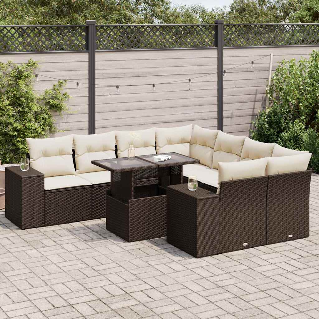 Set Divani da Giardino 9pz con Cuscini Marrone in Polyrattan | homemem39