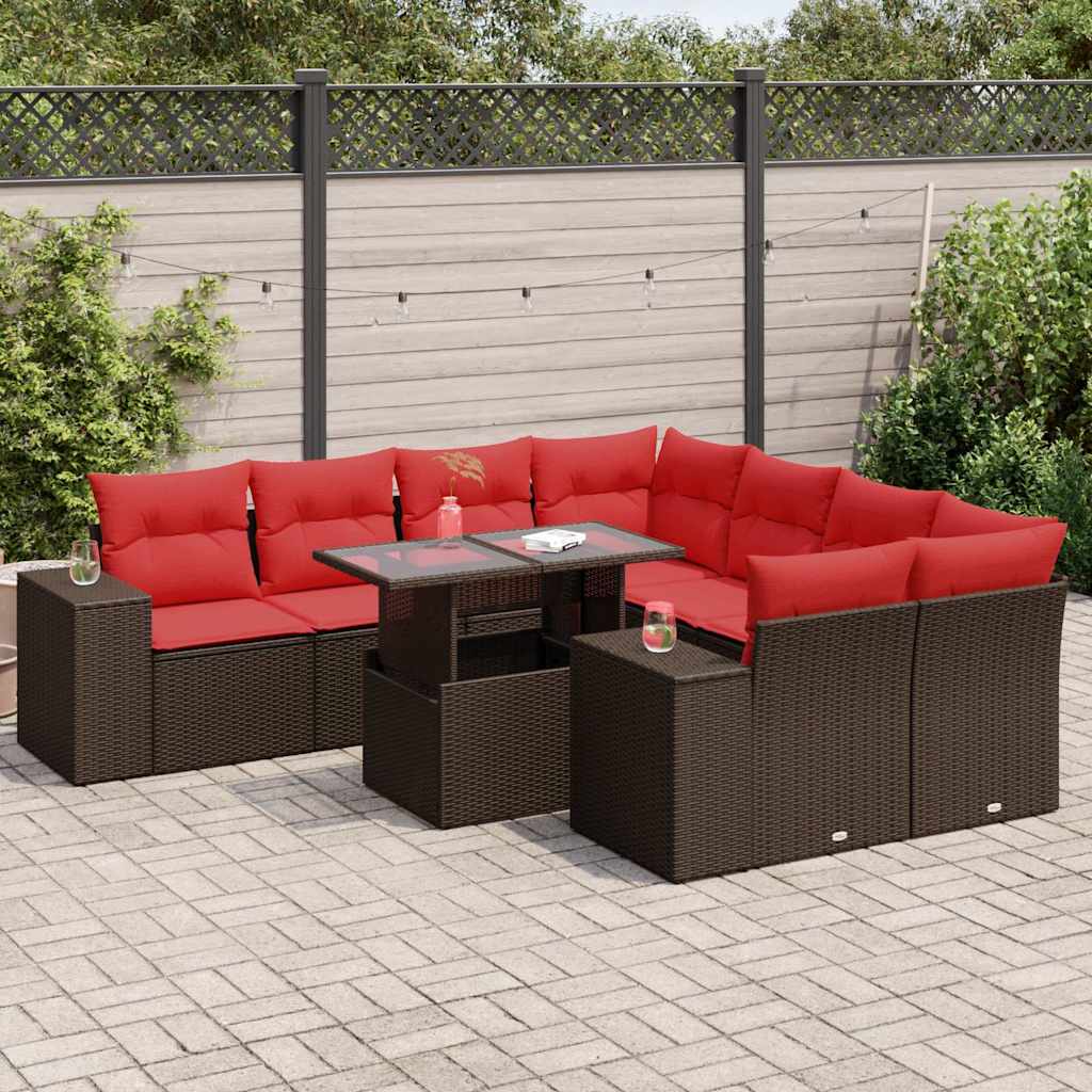 Set Divani Giardino 9 pz con Cuscini Marrone Polyrattan Acacia | homemem39