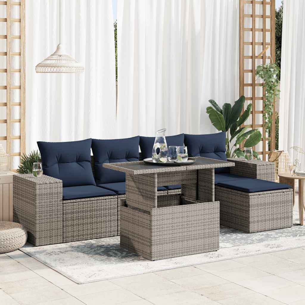Set Divano da Giardino 6pz con Cuscini Grigio Polyrattan Acacia | homemem39