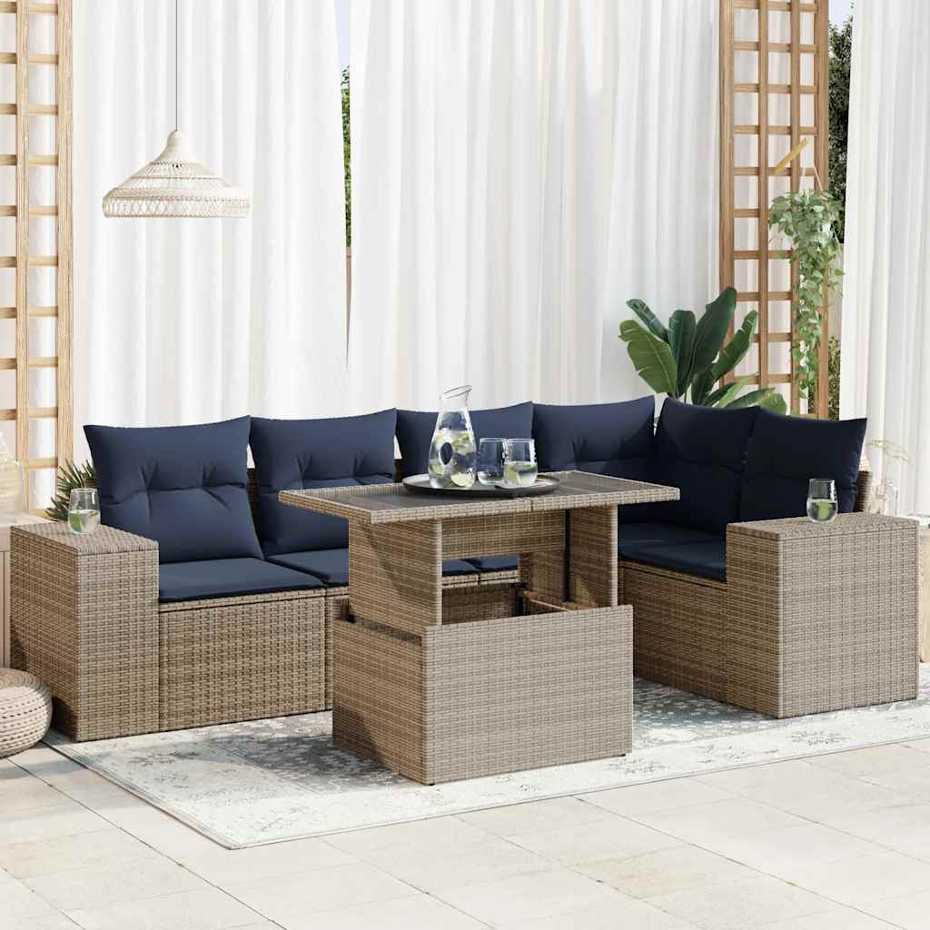 Set Divano da Giardino 6 pz con Cuscini Nero Polyrattan Acacia | homemem39