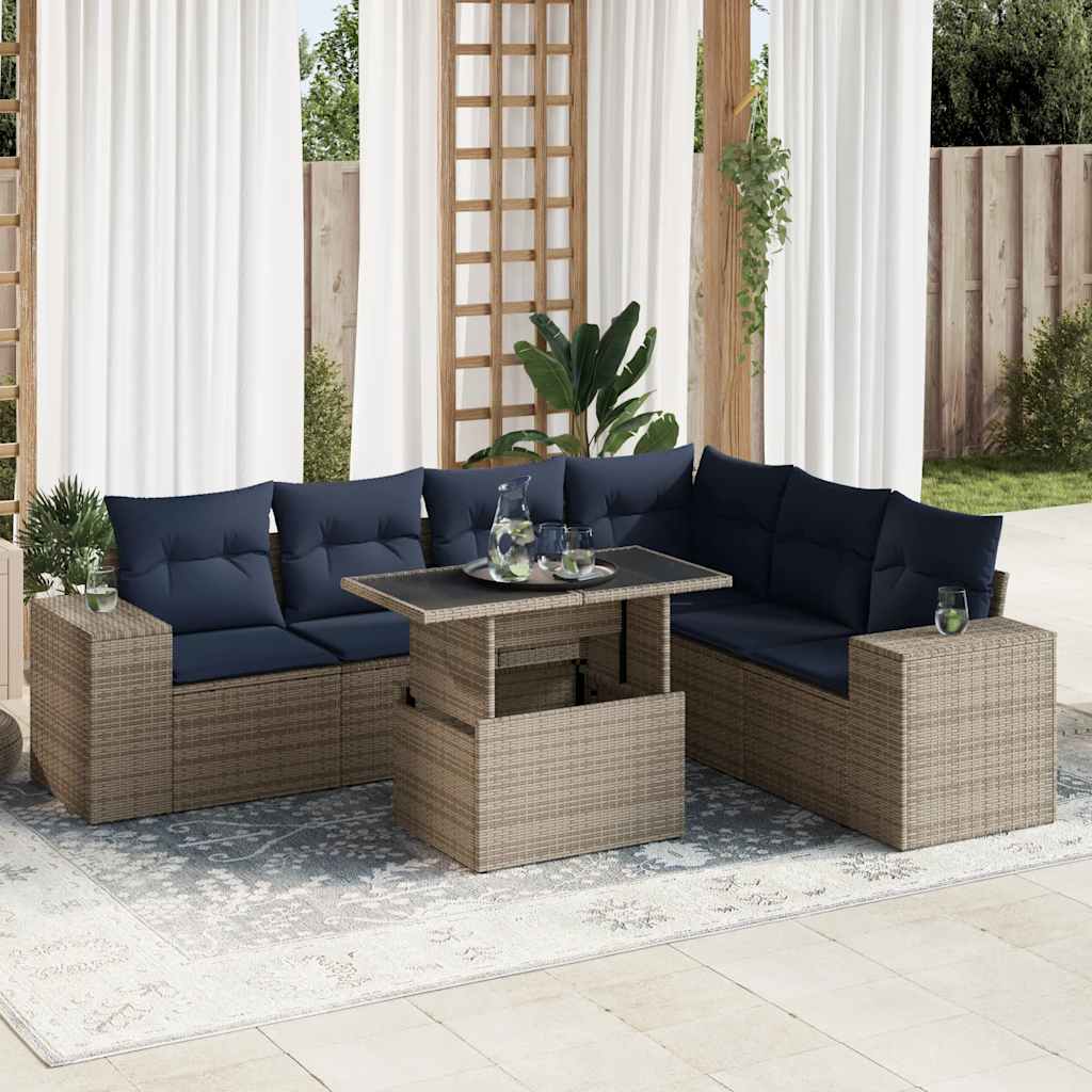 Set Divani Giardino 7 pz con Cuscini Polyrattan Grigio Acacia | homemem39