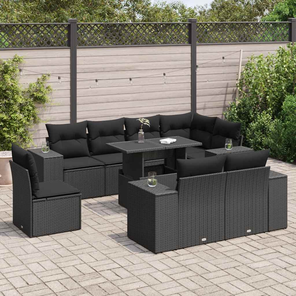 Set Divani da Giardino 9 pz con Cuscini Nero in Polyrattan | homemem39