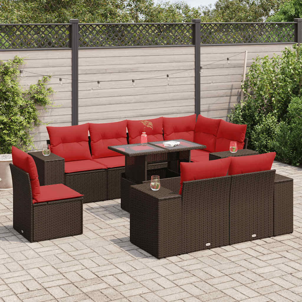 Set Divani Giardino 9 pz con Cuscini Marrone Polyrattan Acacia - homemem39