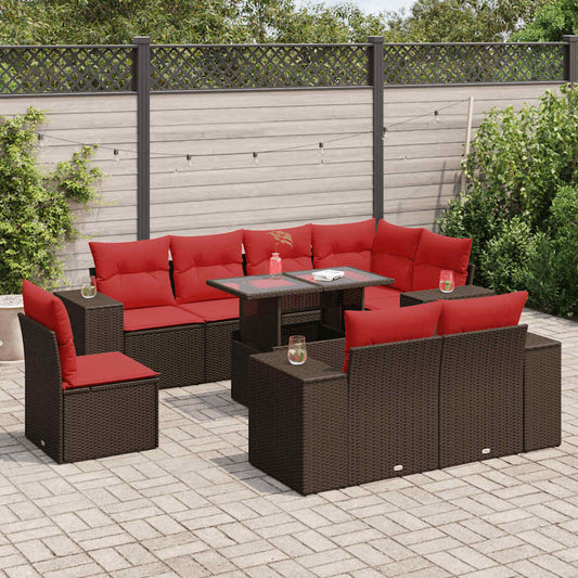 Set Divani Giardino 9 pz con Cuscini Marrone Polyrattan Acacia - homemem39