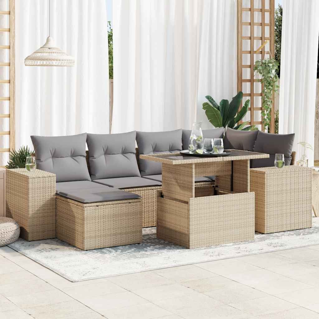 Set Divani da Giardino 7 pz con Cuscini Beige in Polyrattan | homemem39