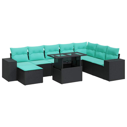 Set Divani da Giardino 9 pz con Cuscini Nero Polyrattan Acacia | homemem39