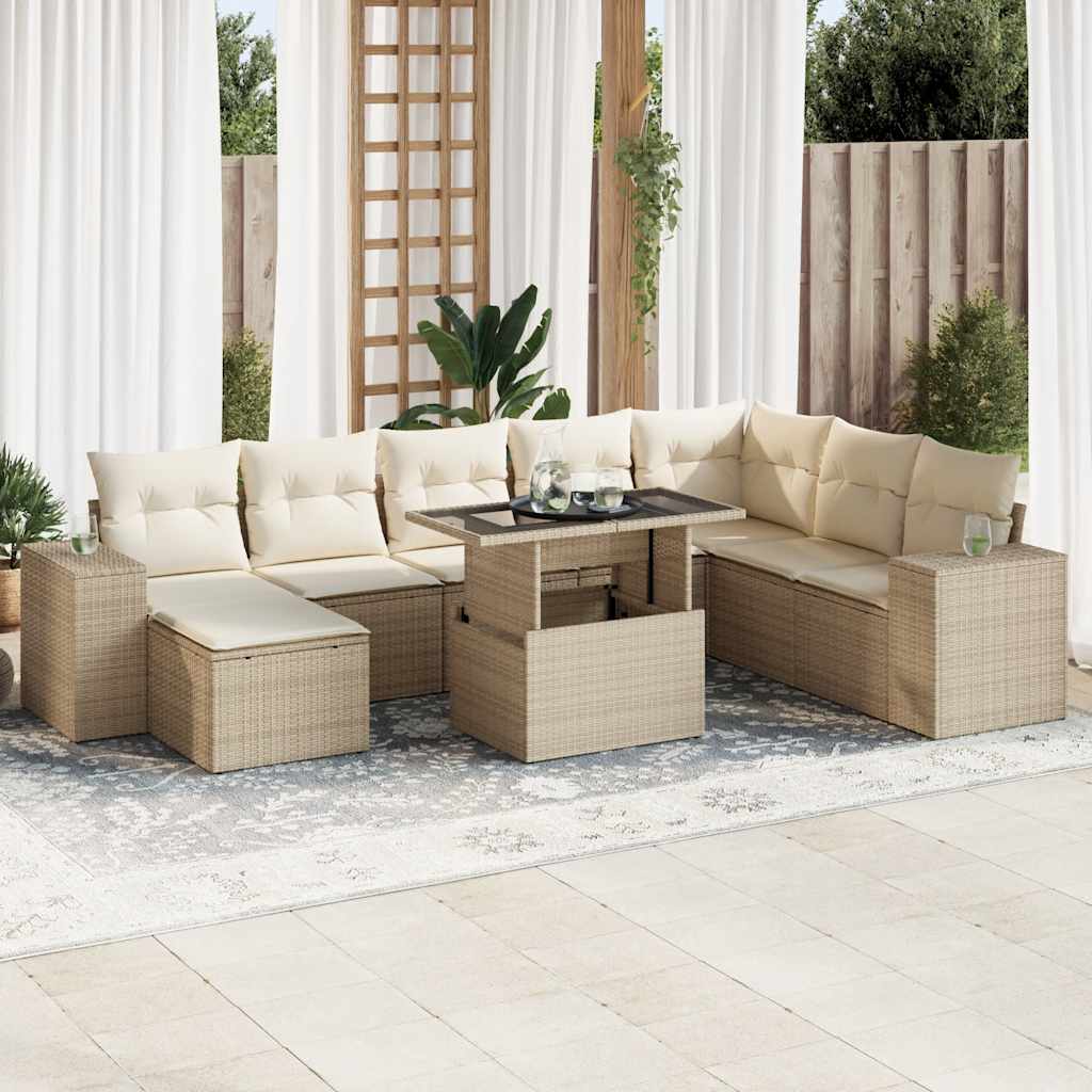 Set Divano da Giardino 9 pz con Cuscini Beige in Polyrattan - homemem39