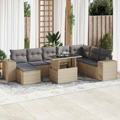 Set Divano da Giardino 9 pz con Cuscini Beige in Polyrattan