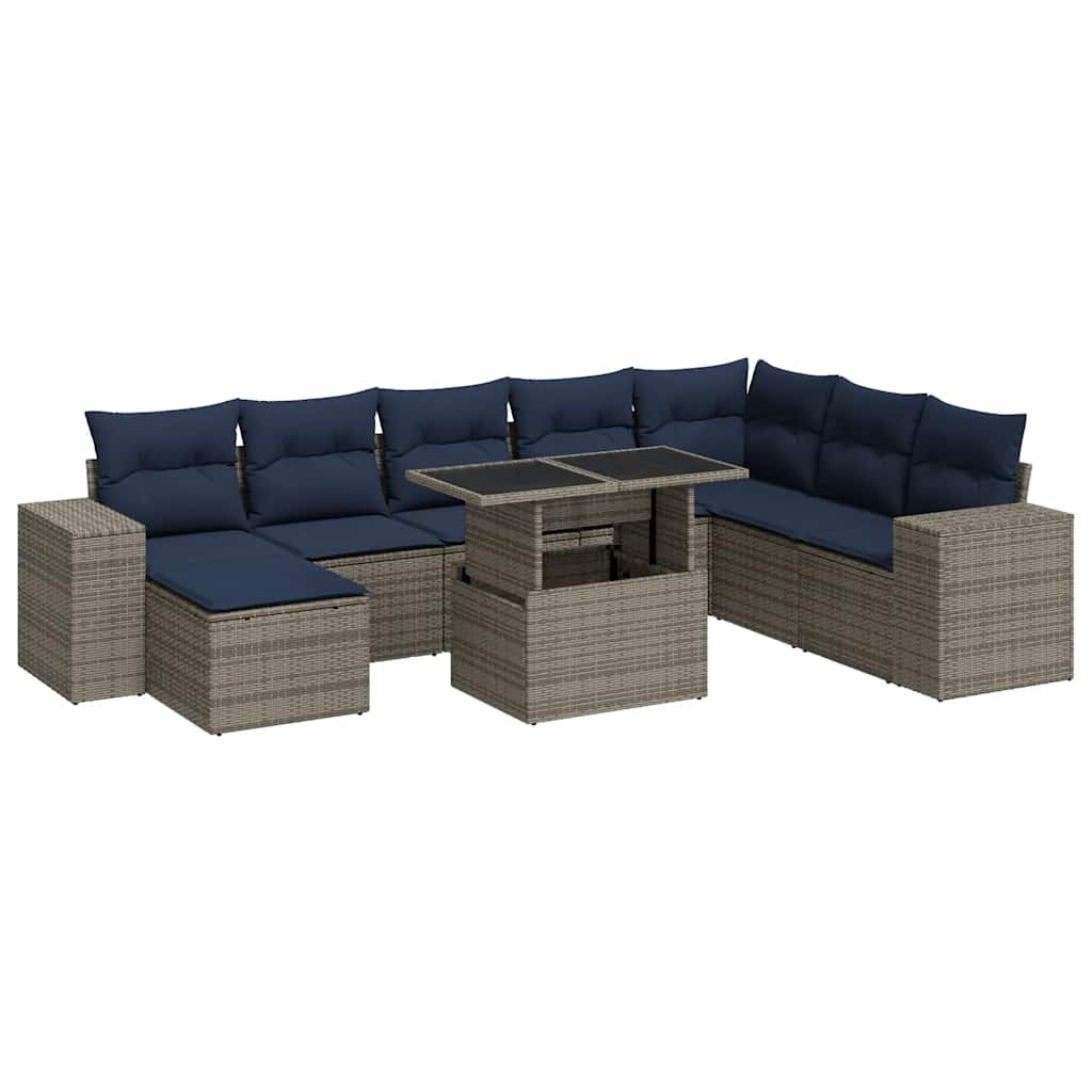 Set Divano da Giardino 9pz con Cuscini Grigio Polyrattan Acacia | homemem39