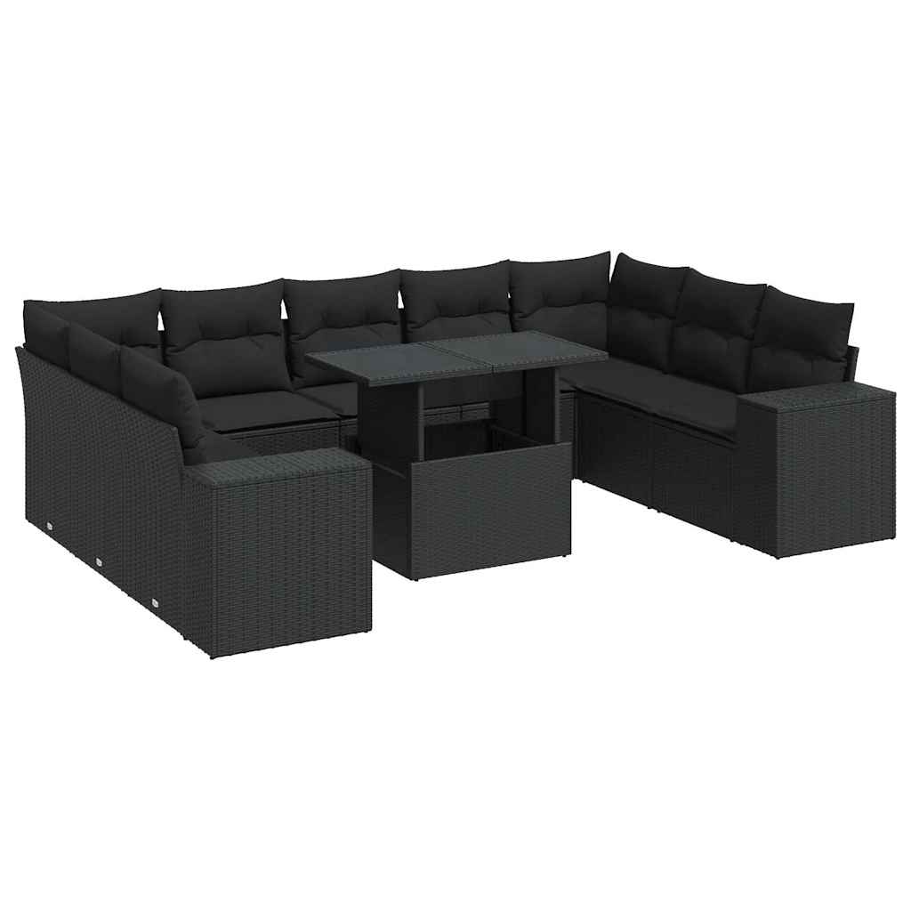 Set Divani da Giardino 10pz con Cuscini in Polyrattan Nero