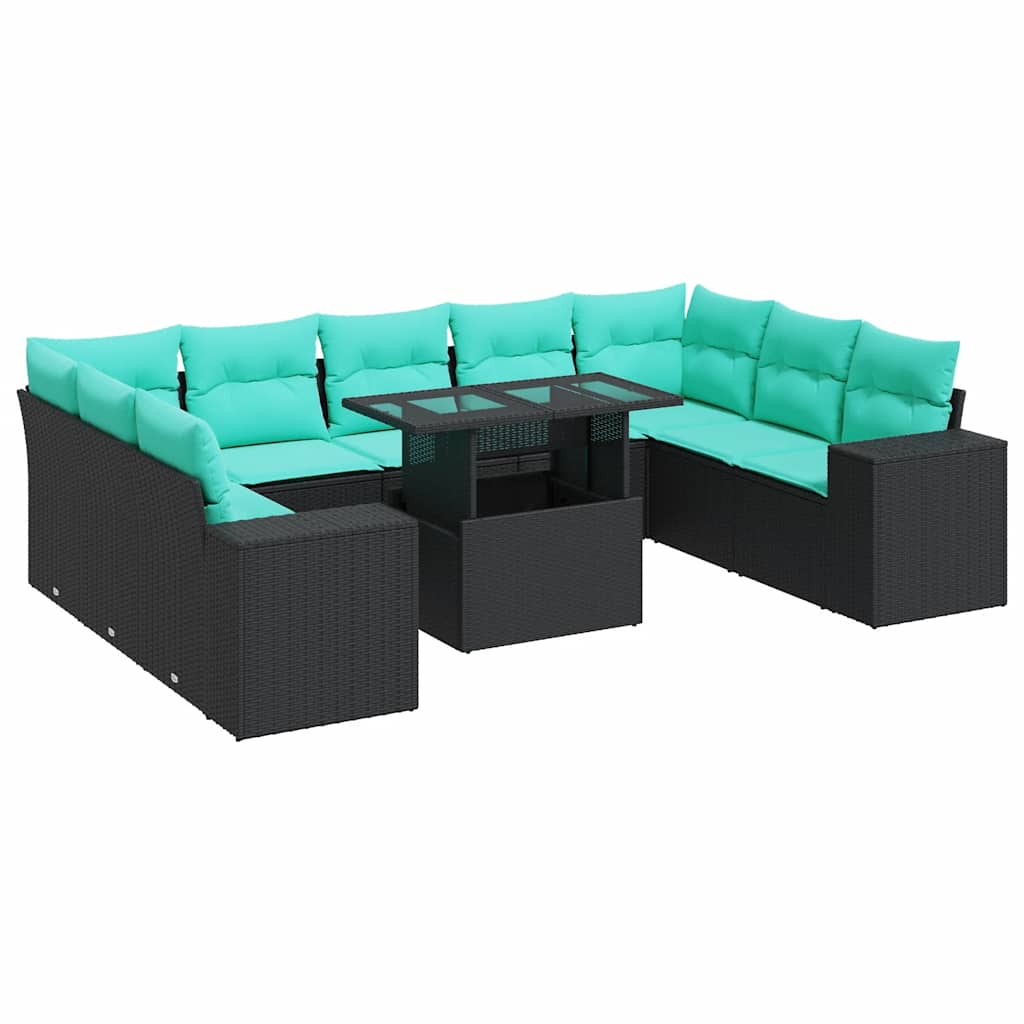 Set Divani Giardino 10pz con Cuscini Nero in Polyrattan Acacia | homemem39