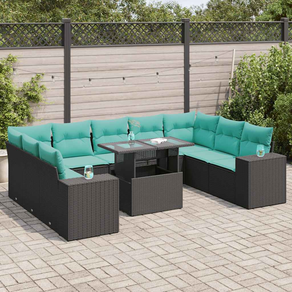 Set Divani Giardino 10pz con Cuscini Nero in Polyrattan Acacia | homemem39