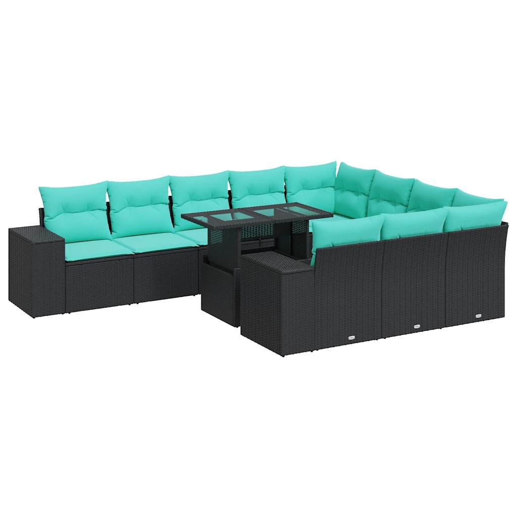 Set Divani da Giardino 11 pz con Cuscini Polyrattan Acacia Nero | homemem39